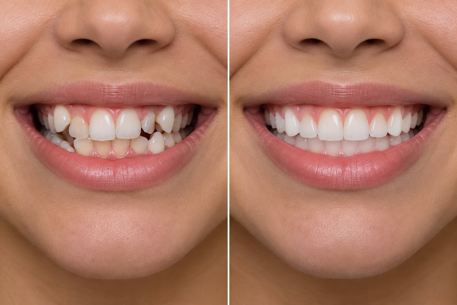 Comparativo antes e depois do alinhamento dos dentes com ortodontia