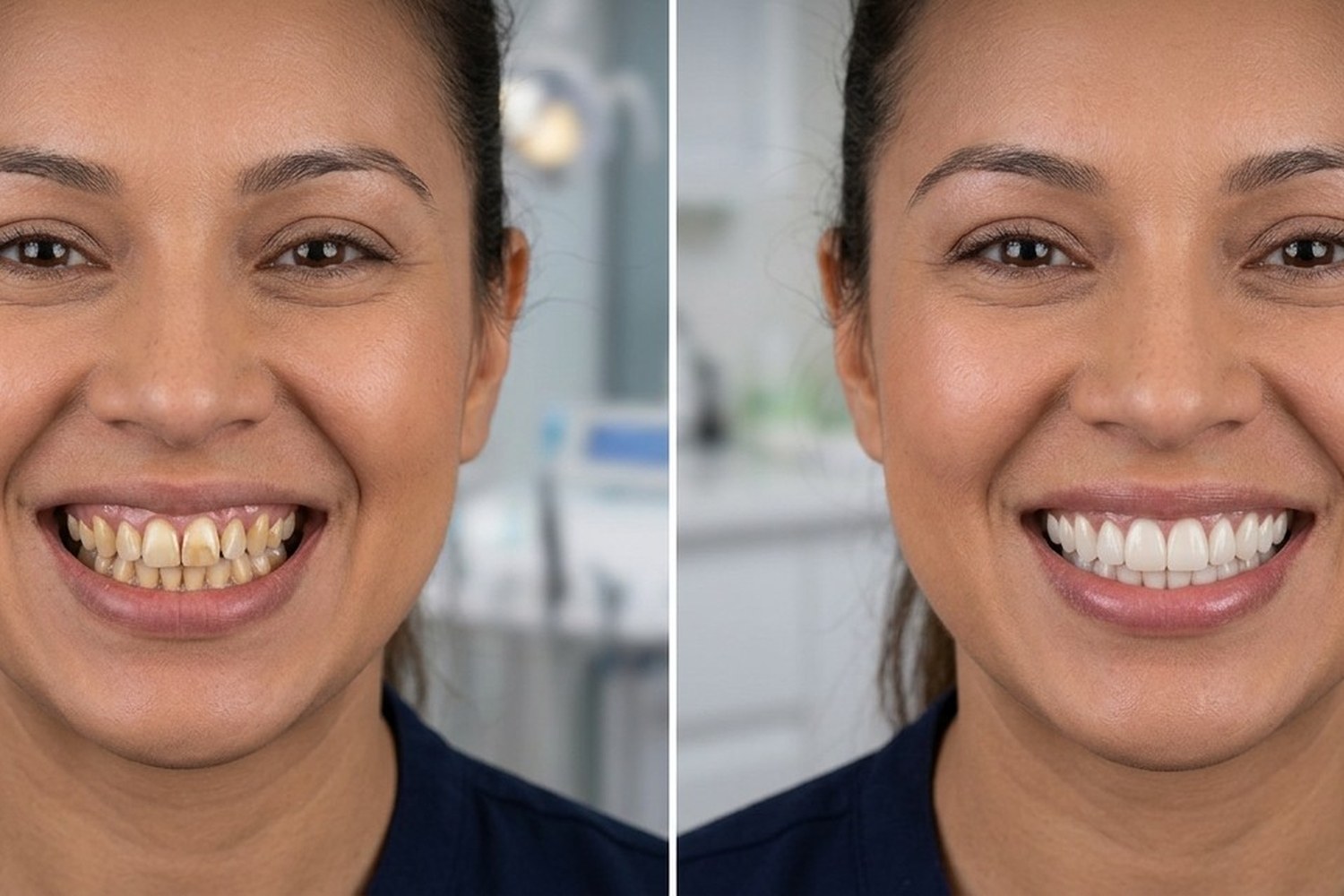Comparativo antes e depois de um sorriso após tratamento odontológico estético
