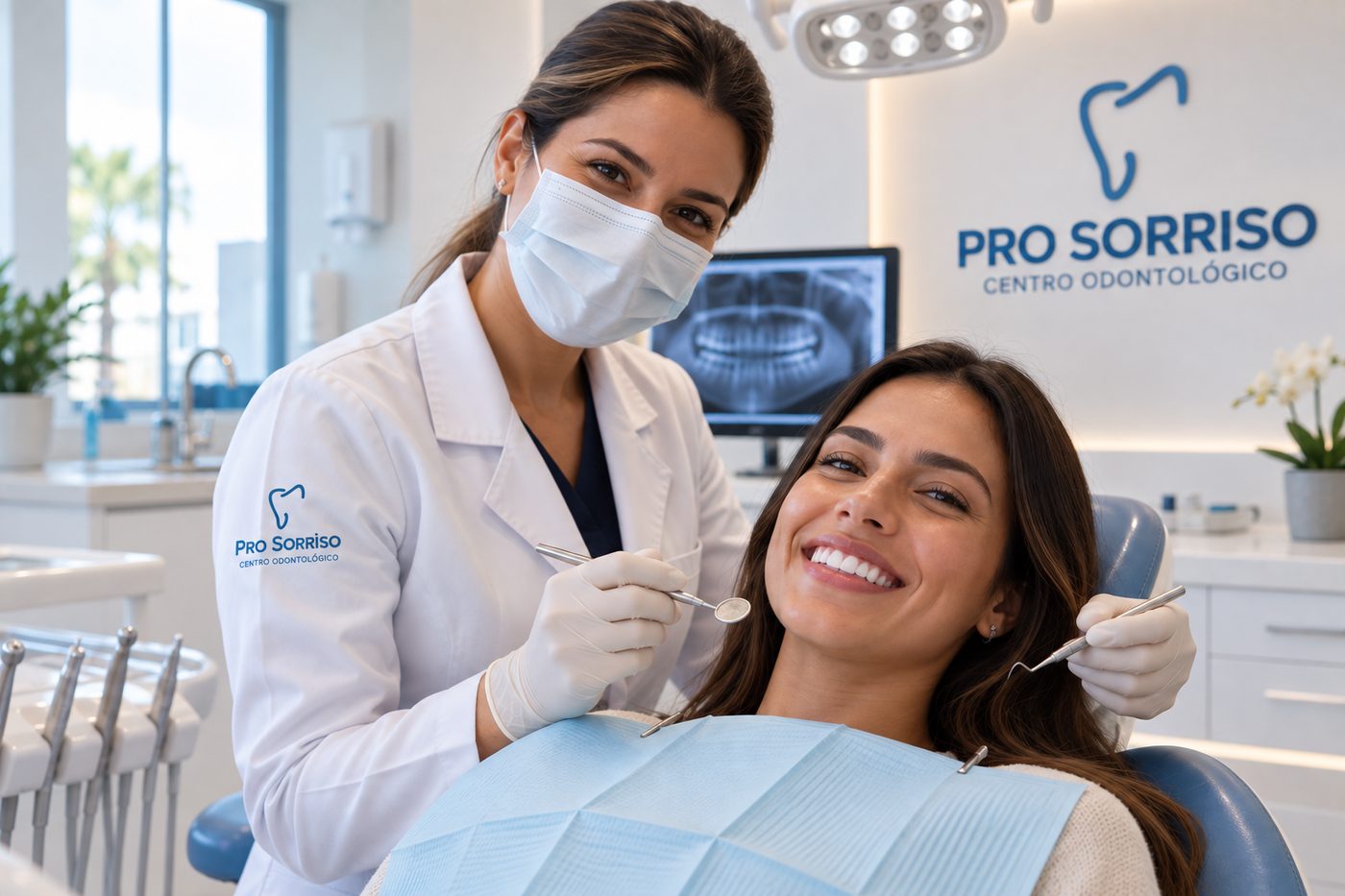 Dentista da Pro Sorriso atendendo uma paciente sorrindo no consultório em Praia Grande